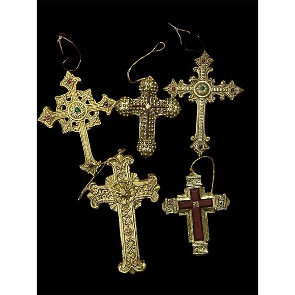 Set of 5 gold tone cross ornaments - Picture 2 of 10